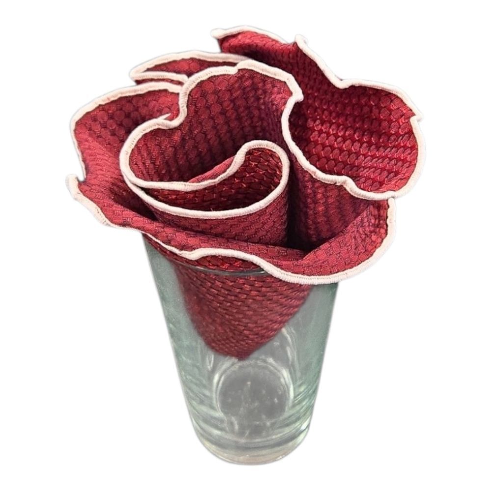 MEN'S ROUND BURGUNDY PATTERN HANKY POCKET SQUARE WITH WHITE PIPING.